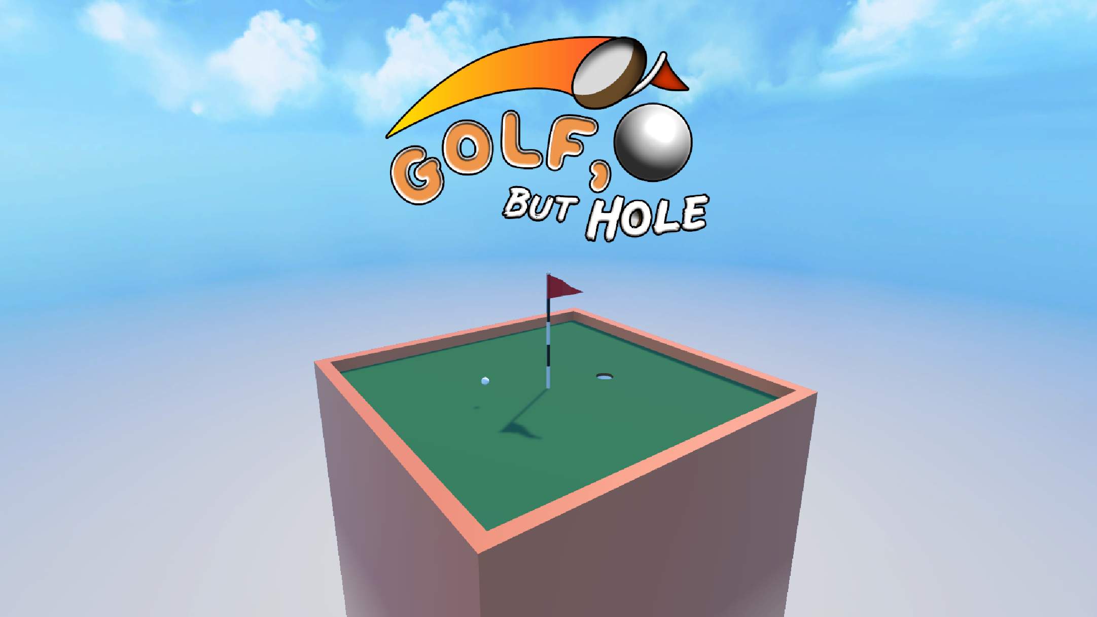 Screenshot of Golf, But Hole main menu, featuring a square putting green with the ball and hole chasing each other in circles. The game logo is placed above.