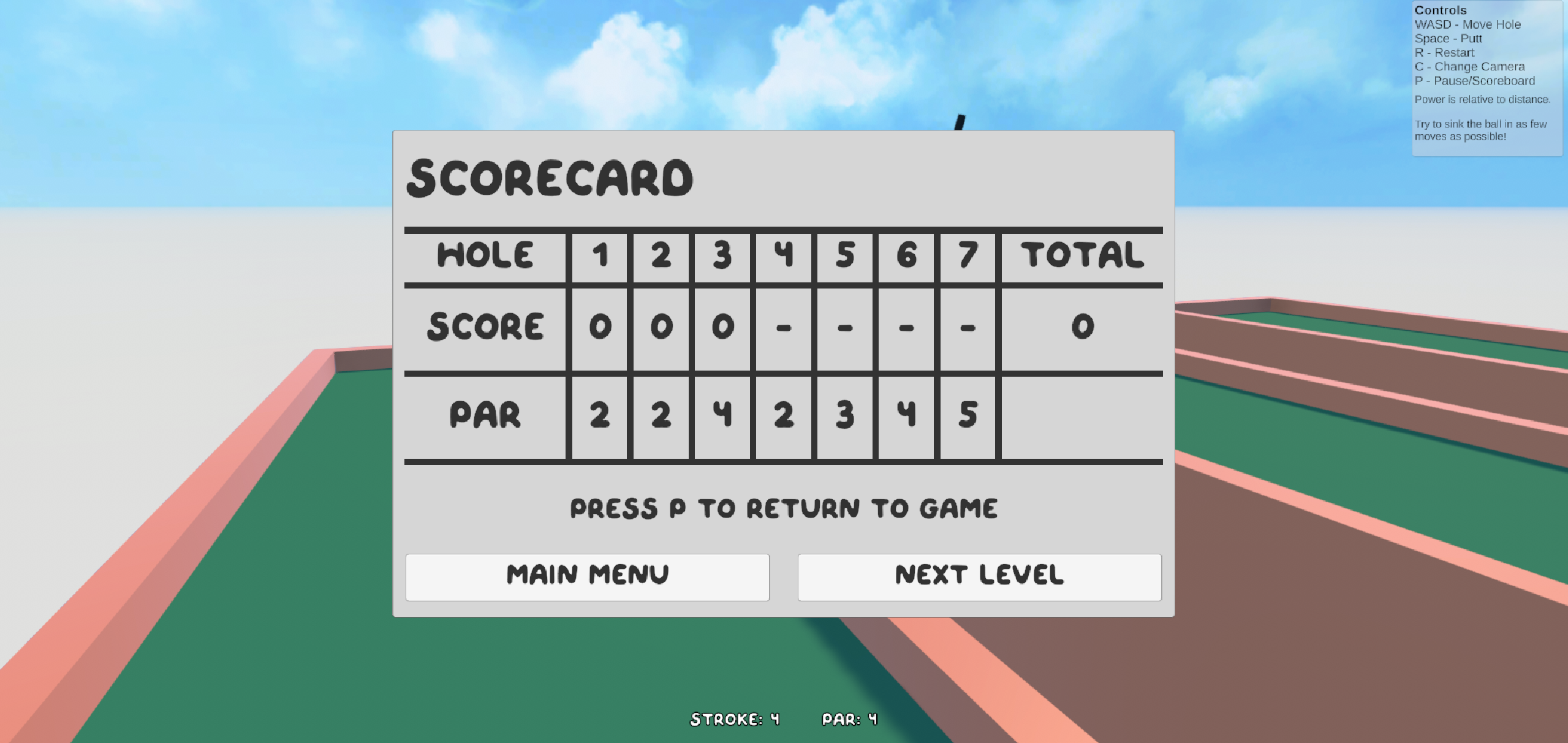 Screenshot of Golf, But Hole, featuring a scorecard with an impossible score on the first 3 holes.
