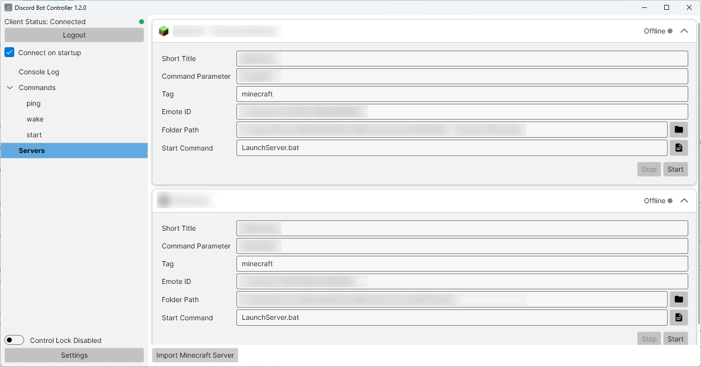 Preview of the server list, information redacted for privacy.