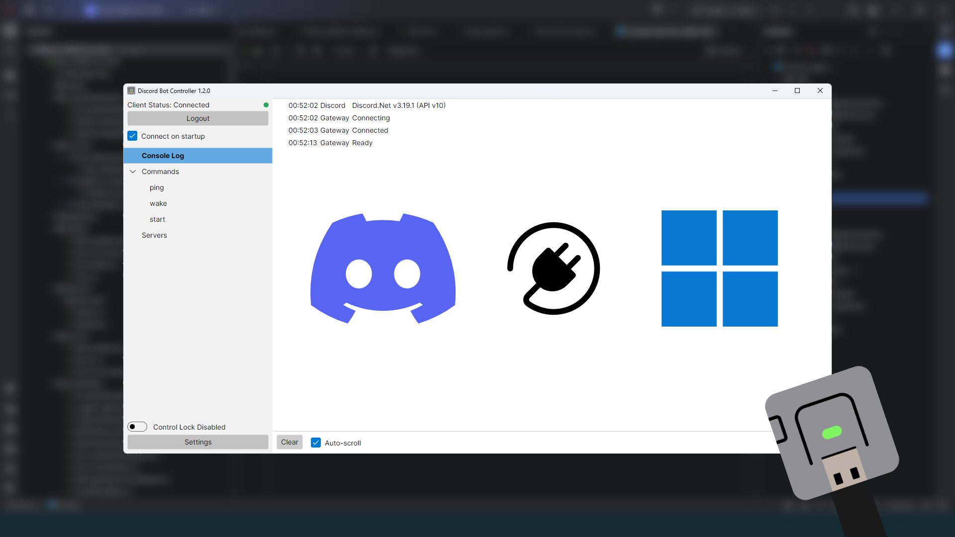 Screenshot of the Discord Bot Controller app with the Windows and Discord logos superimposed to display its functionality.