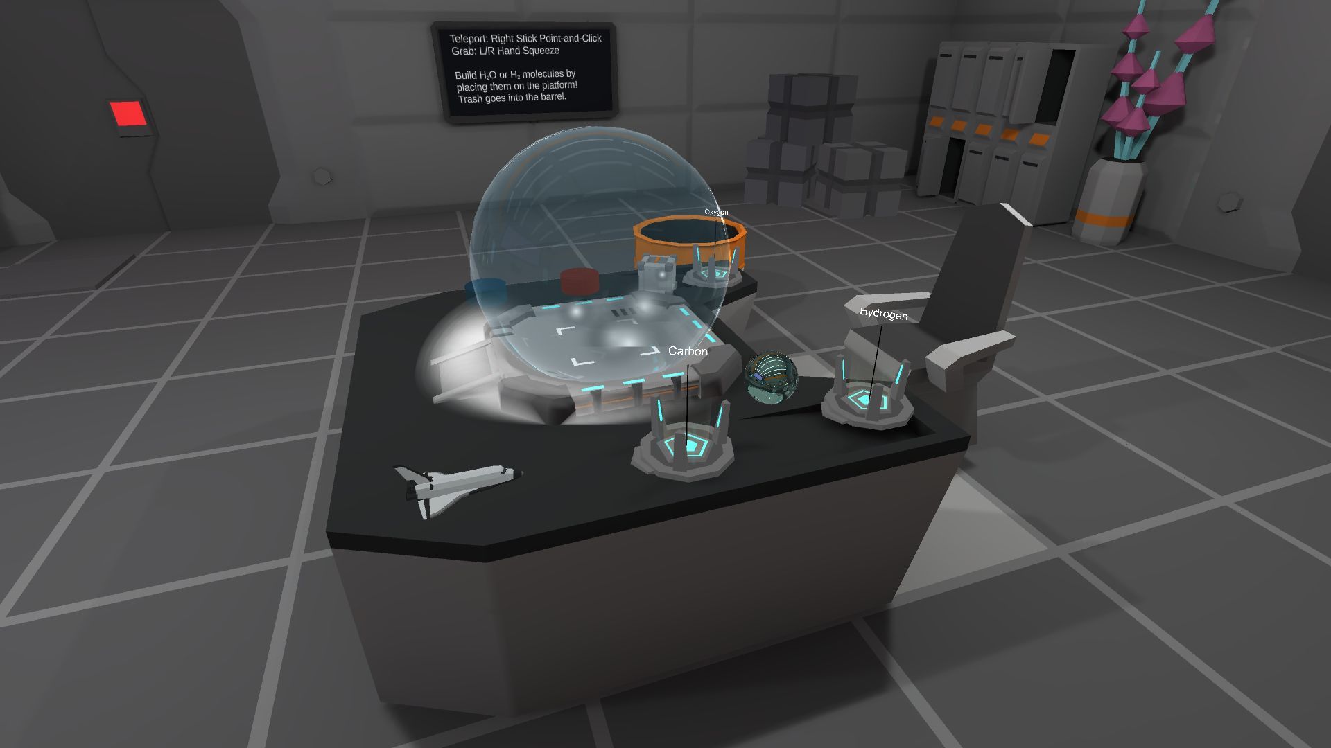 The desk that the player stands at, with the atomic suspension field, molecule dispensers, buttons, and miscellaneous items.