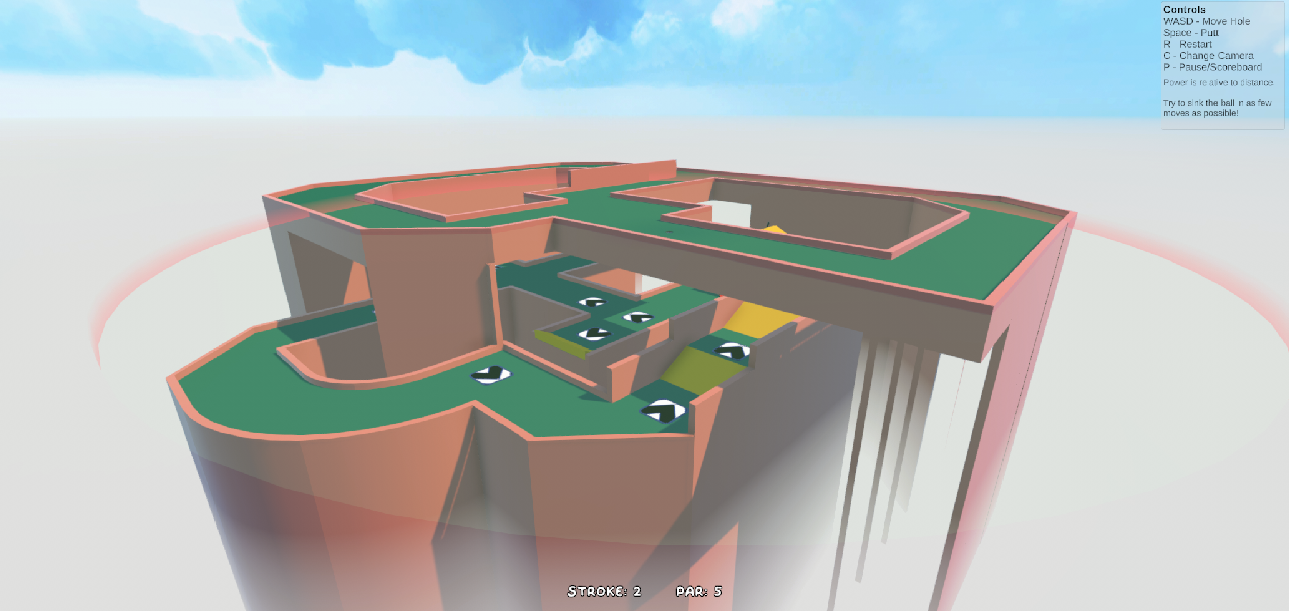 Screenshot of Golf, But Hole, featuring one of the bigger levels in game. 