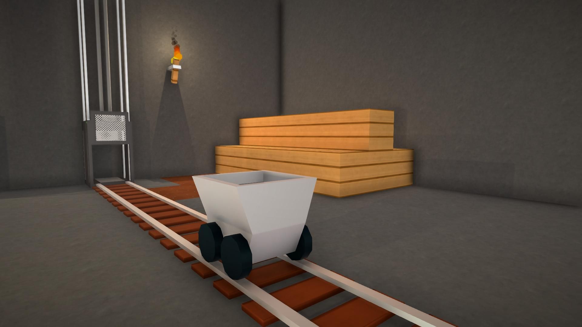 Cover art for the Cart Game Prototype, featuring a minecart on rails in front of an elevator and some wooden planks.