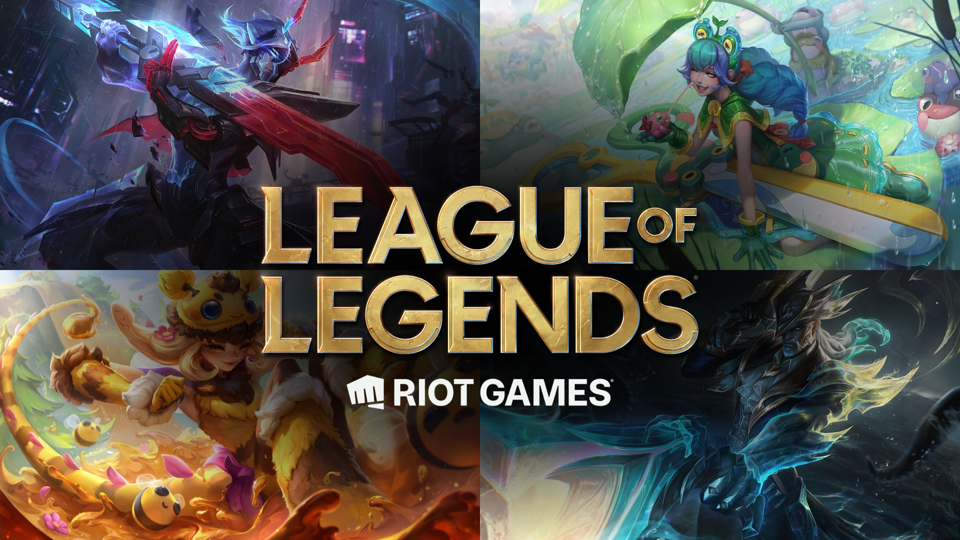 League of Legends collage featuring Beeko, Corrupted Petricite Xerath, Rain Shepard Gwen, and Sunken Shadows Lucian.