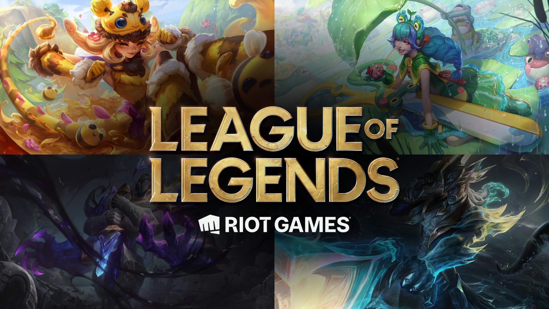 League of Legends collage featuring Beeko, Corrupted Petricite Xerath, Rain Shepard Gwen, and Sunken Shadows Lucian.