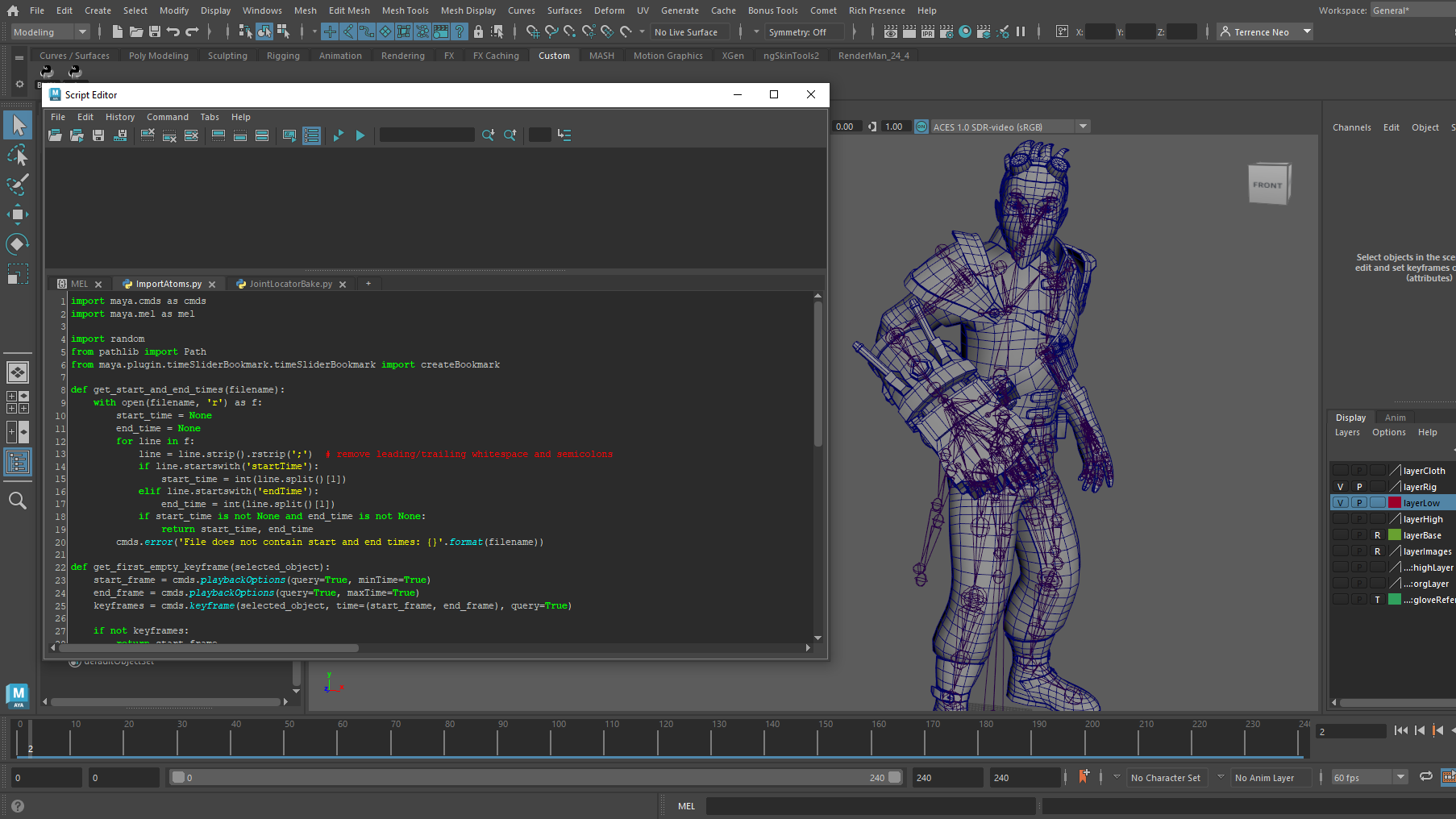 Screenshot of Autodesk Maya 2023 with the Script Editor window and part of the importer's source code.