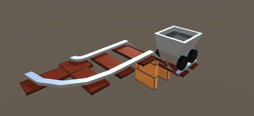 A set of rails with the mine cart, featuring the curved and sloped rail.