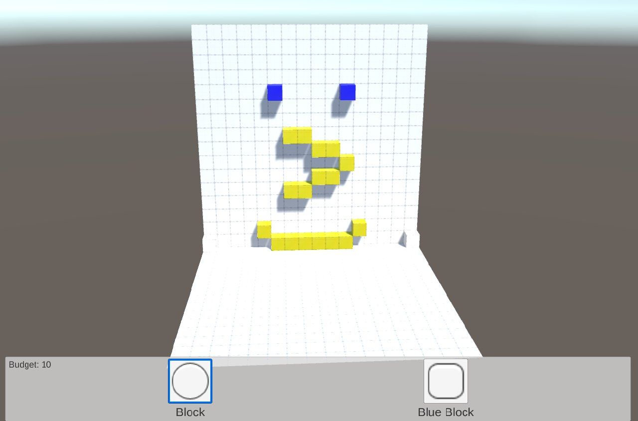 An early iteration of the grid system, featuring white walls with a smiley face made of blue and yellow blocks.