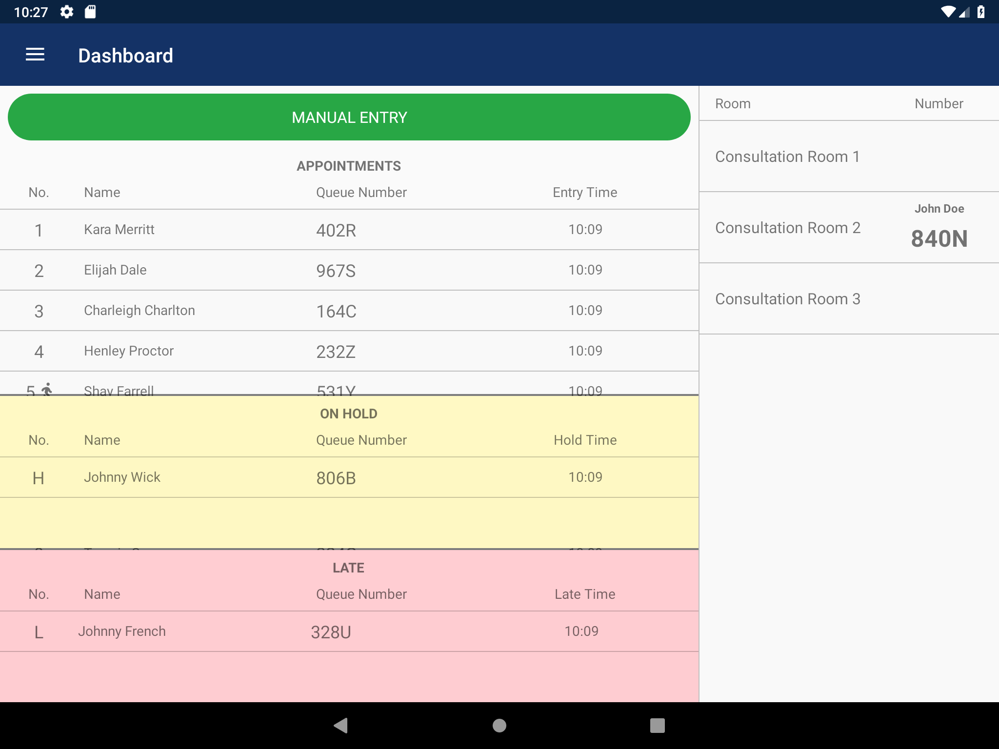 Screenshot of the consultation queue management interface of the Q-Manager app