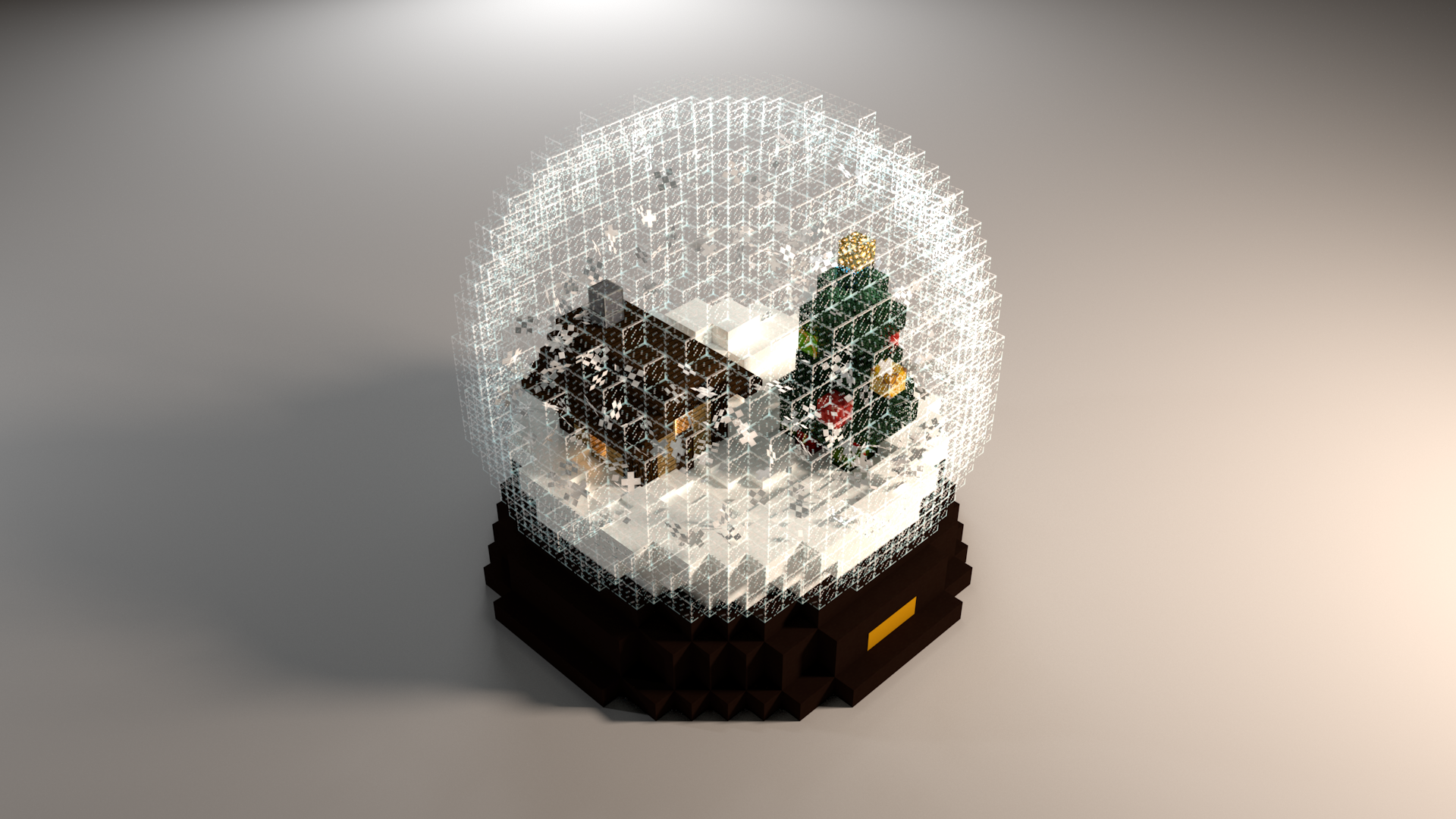 Image of a 3D render of a Minecraft snow globe, made in Maya.